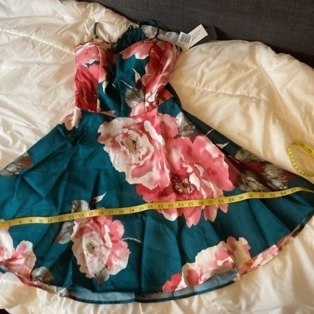 Floral Lace Racerback Fit and Flare Dress Teal Pink Sleeveless Skater Mini